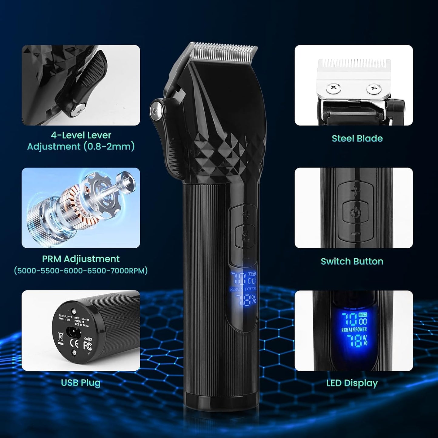 Soonsell Hair Clippers for Men T-Blade Trimmer Set,Man Professional Cordless Barber Clippers Set,Blade Close Cutting Beard Trimmer,LED Display（Black）