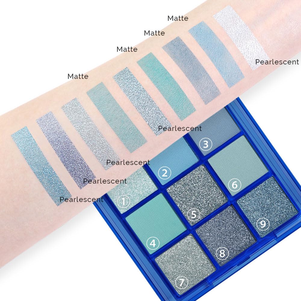 evpct 9 Colors Blue Glitter Eyeshadow Palette, Glitter Dark Light Royal Cobalt Baby Sky Navy Blue Metallic Shimmer Sparkly Eye Shadow Palette Makeup for Older Women Eyes, Highly Pigmented Eyeshadow