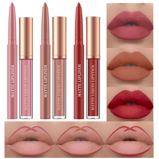 BestLand 6Pcs Matte Liquid Lipstick and Lip Liner Set, Non-Stick Cup Not Fade Waterproof 24 Hour Lip Gloss Nude Brown Lip Liner Pencil for Women, labiales mate 24 horas originales (Set F)