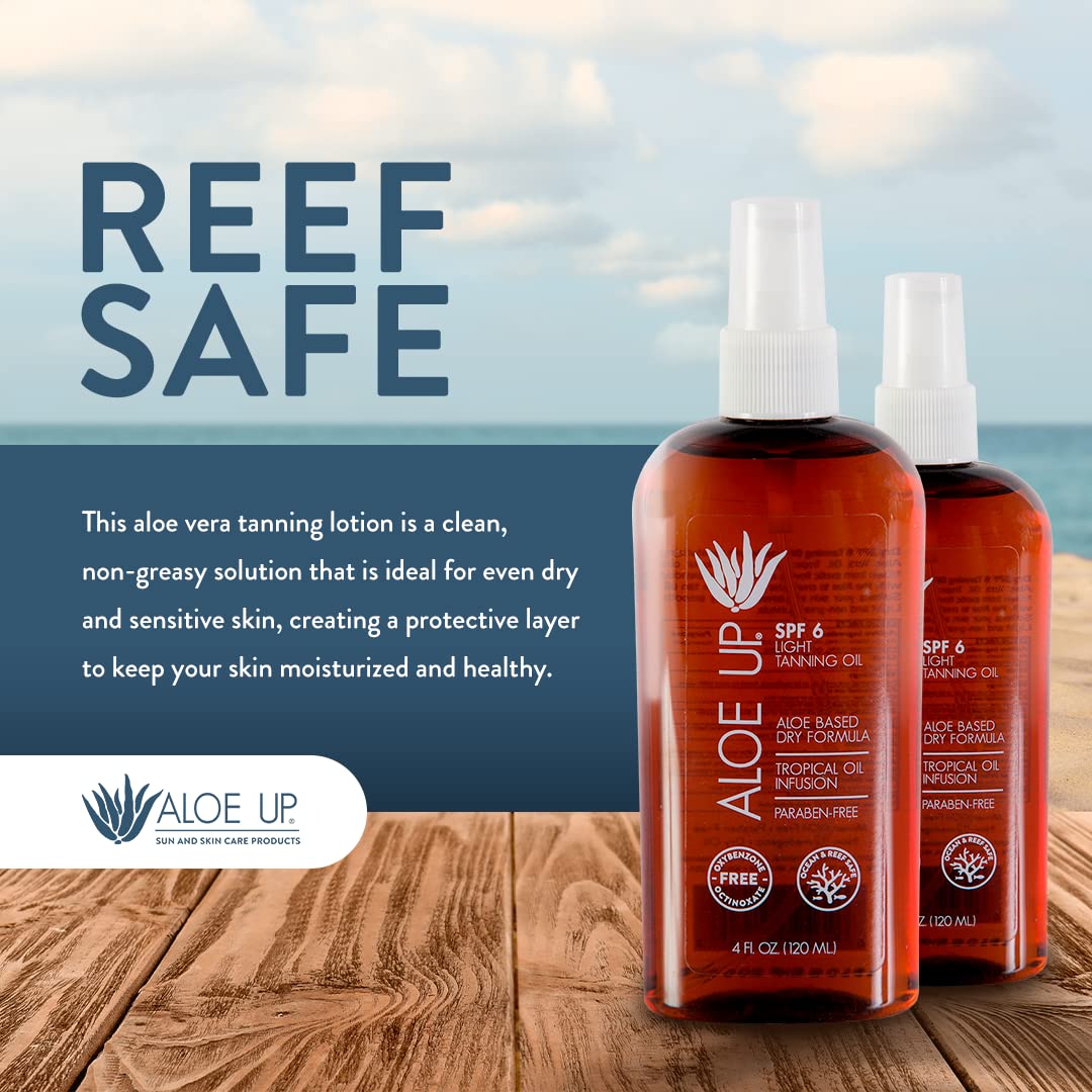 Aloe Up Light Tanning Oil With SPF 6 Sunscreen - Body and Face Tanning for Outdoor Sun - With Pure Aloe Vera Oil and Natural Oils - Absorbs Quickly - Reef Friendly - Fresh Tropical Scent - 4 Oz