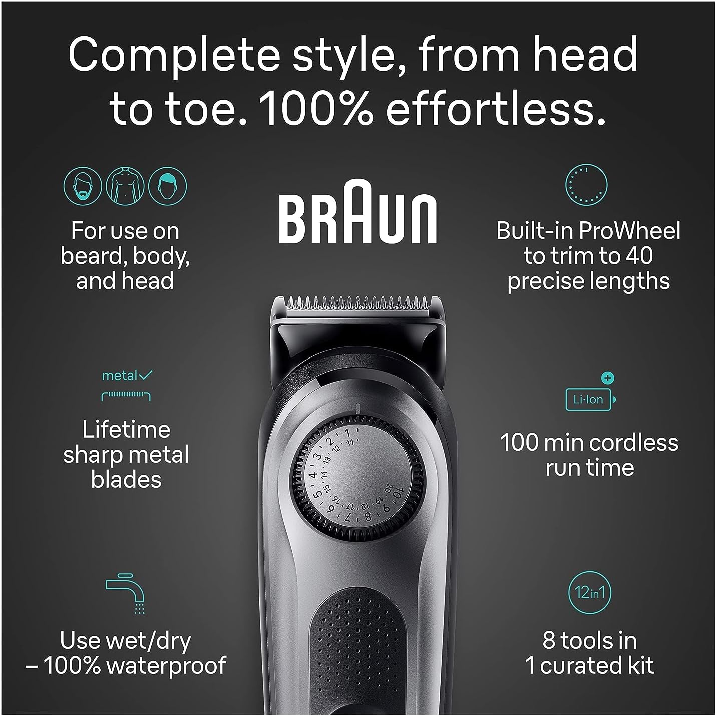 Braun All-in-One Style Kit Series 7 7410, 8-in-1 Trimmer for Men with Beard Trimmer, Body Trimmer for Manscaping, Hair Clippers & More, Sharpest Blade, 40 Length Settings, Waterproof