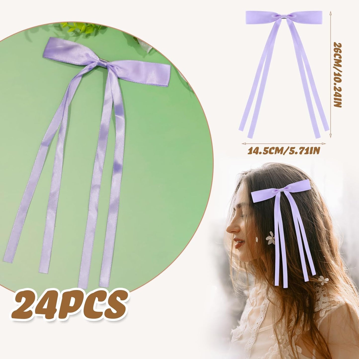 24 PCS Hair Bows Clips Ribbon,Mini Satin Hair Bows With Long Tail for Women and Girls Hairstyle Accessory Gift (Purple)