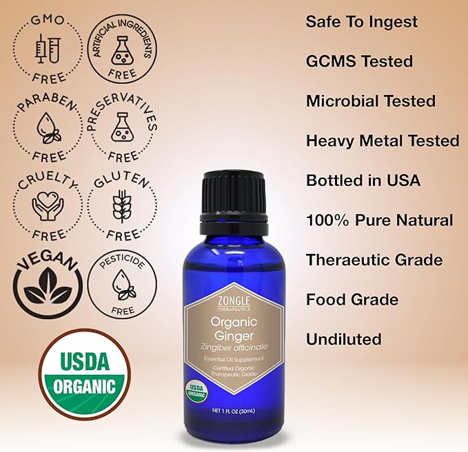 Organic, Ginger Essential Oil, for Pain and Inflammation, Edible, Food Grade – 100% Pure, Ginger Oil, for Lymphatic Drainage, Massage, by Zongle Therapeutics,1 OZ