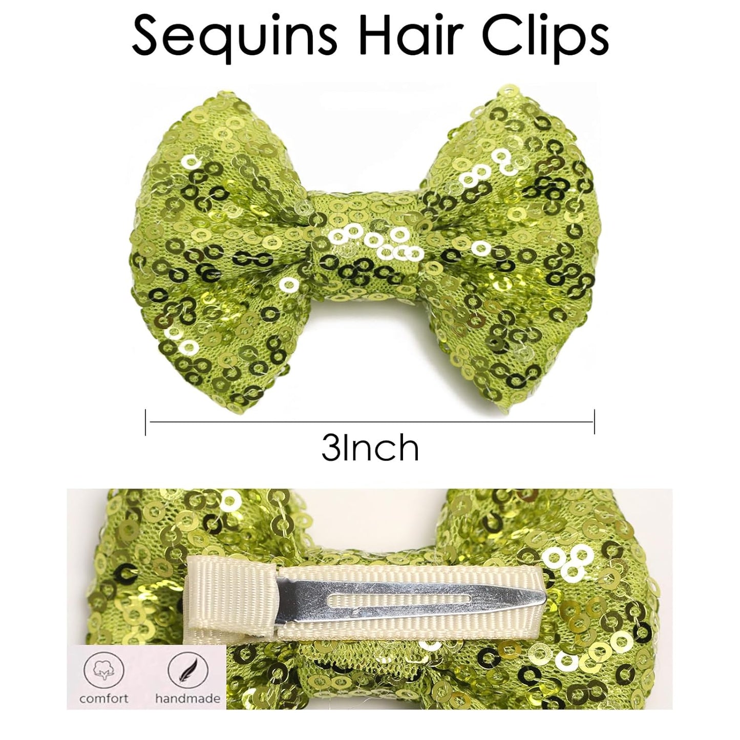 KISZU 3 Inch Glitter Hair Bows Clips, Sparkling Sequin Little Bow HairPins for Baby Girls Children Teens and Women (Apple Green)