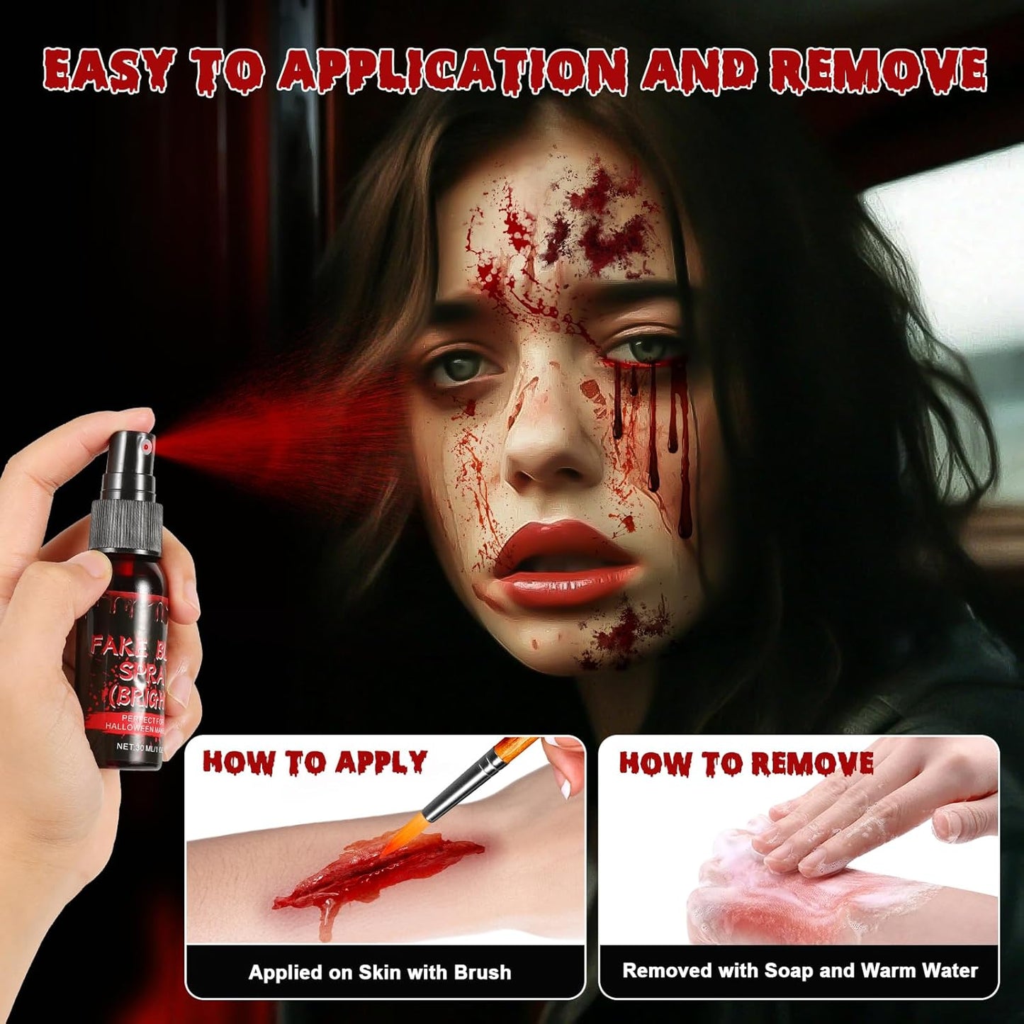 Halloween Fake Blood Makeup Kit - Includes Realistic Coagulated Blood Gel, Fake Blood Spray, Dripping Blood, Stage Blood, for Zombie Vampire Cosplay Party Mouth Clothes