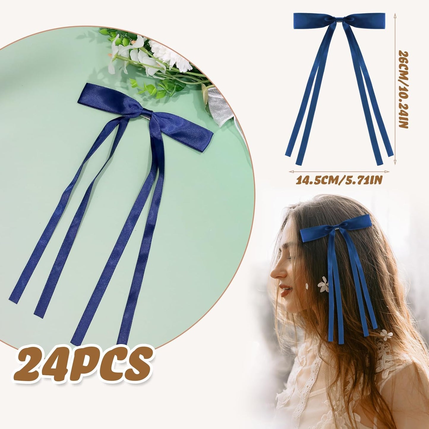 24 PCS Hair Bows Clips Ribbon,Mini Satin Hair Bows With Long Tail for Women and Girls Hairstyle Accessory Gift (Navy Blue)