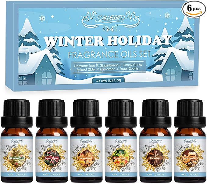 SALUBRITO Winter Fragrance Oils Set, Holiday Essential Oils for Diffuser, Candle, Soap Making - Christmas Tree, Cinnamon, Gingerbread, Candy Cane, Spiced Cider, Sugar Cookies Scented Oil