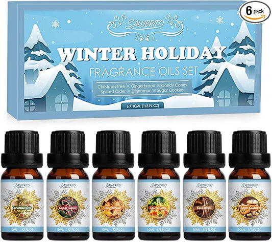 SALUBRITO Winter Fragrance Oils Set, Holiday Essential Oils for Diffuser, Candle, Soap Making - Christmas Tree, Cinnamon, Gingerbread, Candy Cane, Spiced Cider, Sugar Cookies Scented Oil
