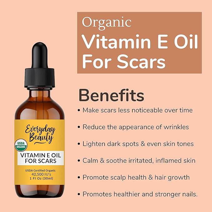 Organic Vitamin E Oil for Scars - All Natural & Vegan Skin Moisturizer 1oz - Light and Unscented Great for Scars After Surgery - Reduce Wrinkles, Anti Aging, Lighten Dark Spots - Face, Skin & All Over