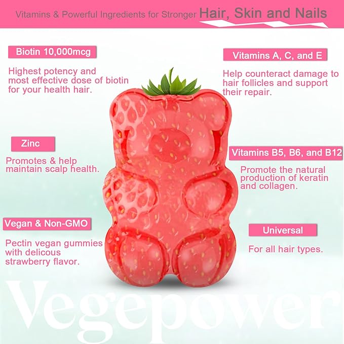 Biotin Gummies 10000mcg Supplements - with Vitamin C, A, D, B-Complex, Folate, Zinc for Women & Girls- Vegan Biotin Hair Growth Gummy for Healthy Hair and Nails, Non-GMO, Strawberry, 120 Bear