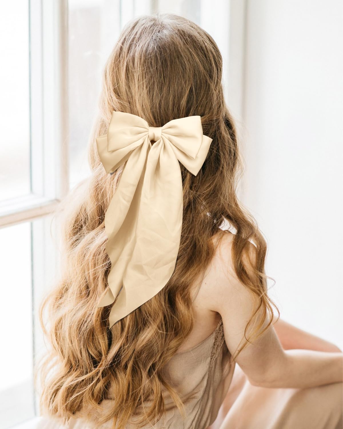 Hair Bows for Women Silky Satin Hair Bow with Long Tail 2PCS Khaki Hair Ribbons Bow Hair Clips Large Hair Bow with Metal Clips