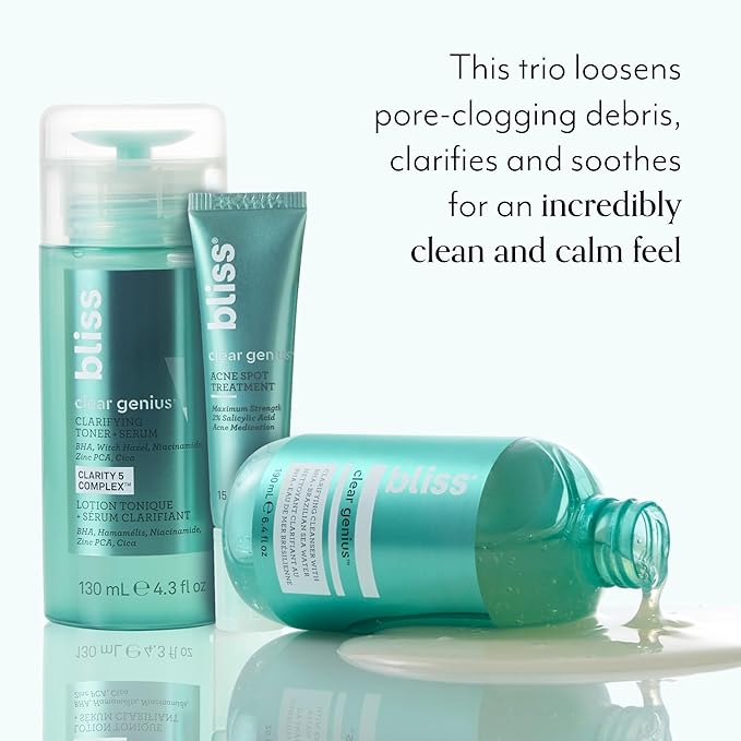 Bliss Clear Genius Trio: Clarifying Toner + Serum, Cleanser and Spot Treatment - Pore Purifying, Removed Excess Dirt & Oils - Clean, Cruelty-Free Skin Care