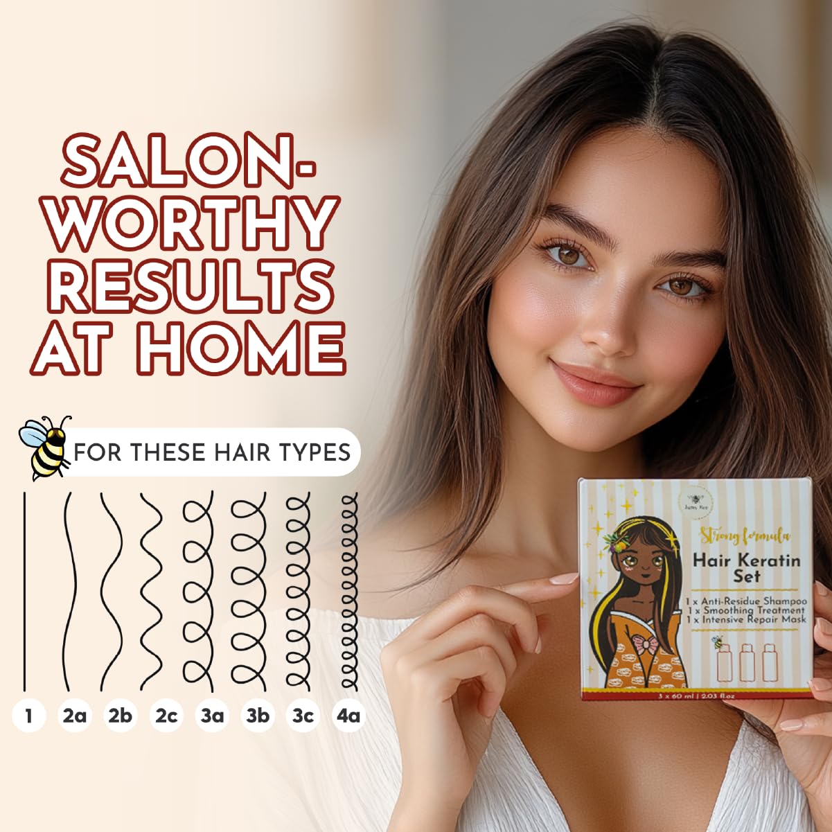 Brazilian Keratin Treatment Kit – JumyBee 3 Steps 2.03 fl oz | Formaldehyde-Free At Home Hair Straightening & Smoothing System |Keratina para Alisar el Pelo | Anti-Frizz Repair Mask & Shampoo