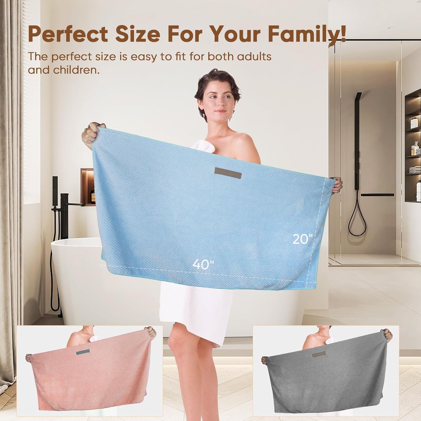 HOMEXCEL Blue Microfiber Hair Towels 5 Pack- 40 x 20 inches Super Soft, Fast Drying Turbans for Long, Thick, Curly Hair - Anti Frizz Wrap with Elastic Strap, Blue/Pink/Grey