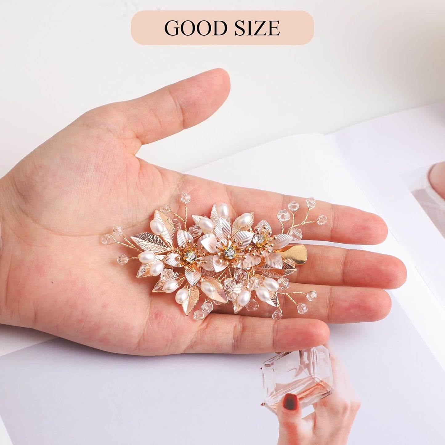 Wedding Hair Clips Set of 3 PCS - Floral Rhinestone Pearl Hair Accessories for Bridal Women (Gold)