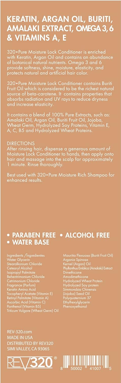 320Pure Moisture Lock Conditioner 32oz, Hydrating, Moisturizing Hair Conditioner for Women & Men, Sulfate-Free, Keratin & Argan Oil Formula for Color-Treated, Damaged, Dry, Straight and Curly Hair
