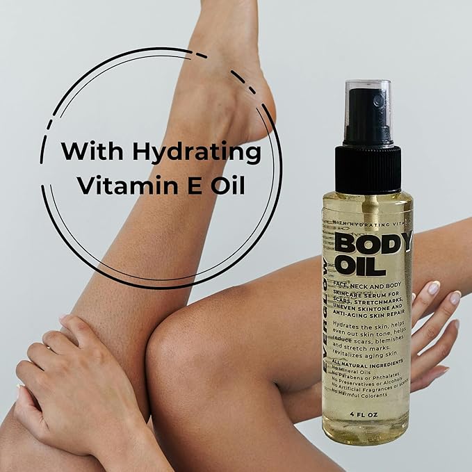 BODY OIL -Moisturizing Face, Neck and Body Skincare Serum for Scars, Stretchmarks, Uneven Skin Tone and Anti-Aging Skin Repair. All Natural 4oz Spray
