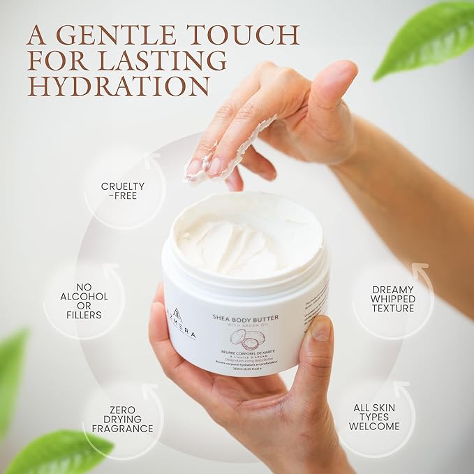 AZMERA Shea Body Butter - Organic Body Butter for Women & Men Dry Skin Rich in Antioxidants & Vitamin E - Vegan Shea Butter Moisturizer, Raw Shea Butter from Africa (Unscented, 250ML)