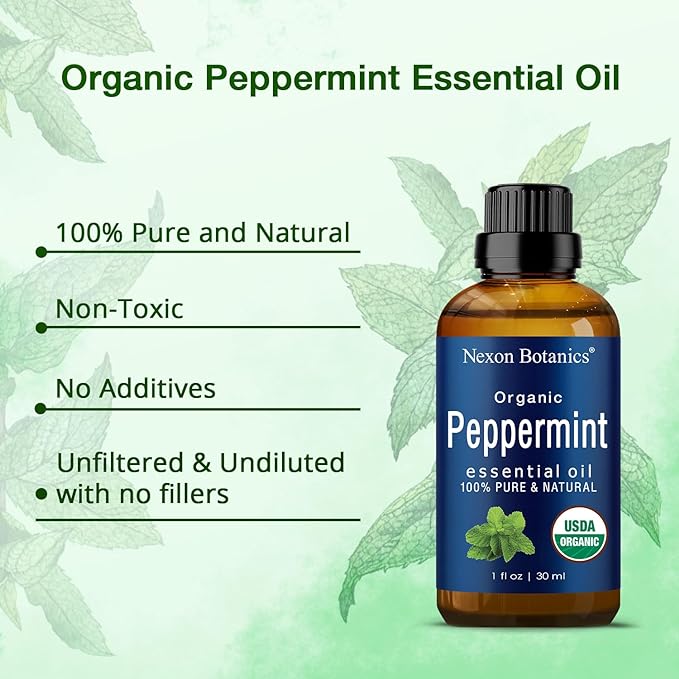 Organic Peppermint Essential Oil 30 ml - Pure Natural Mint Oil for Aromatherapy, Diffusers, Hair & Skin Care - Undiluted Menthol - Nexon Botanics