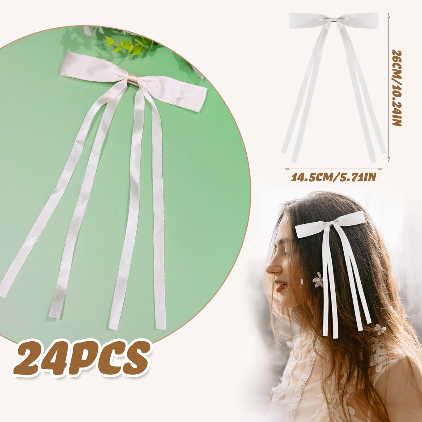 24 PCS Hair Bows Clips Ribbon,Mini Satin Hair Bows With Long Tail for Women and Girls Hairstyle Accessory Gift (Beige)