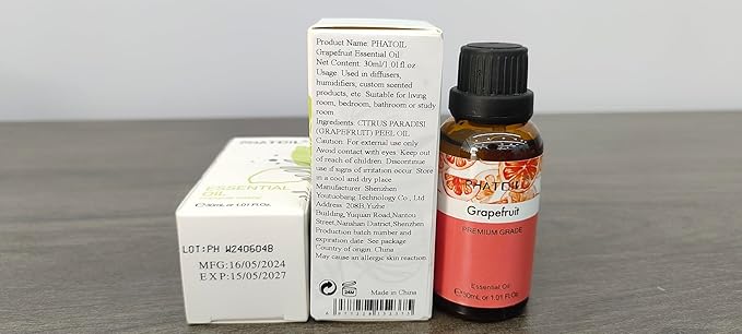 Grapefruit Essential Oil, 1.01Fl.Oz (30ML) PHATOIL Pure Essential Oil Singles for Aromatherapy Diffusers, Humidifiers, Great for DIY Candle and Soap Making, Gift for Friend