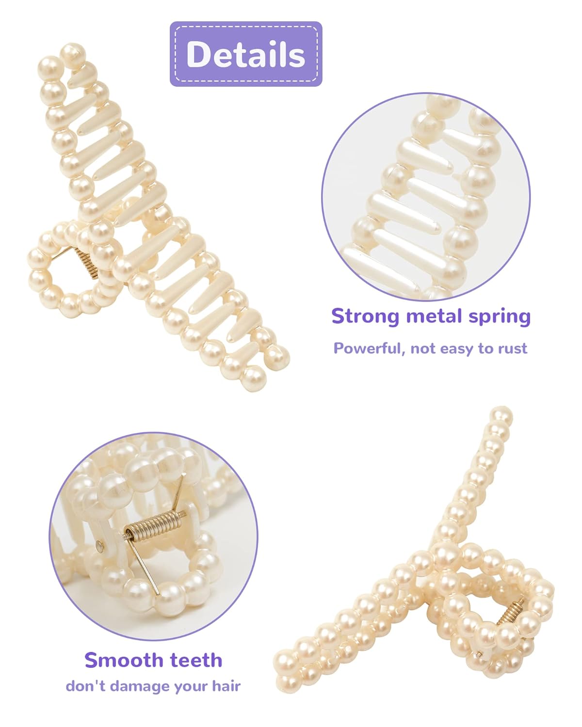 6 PACK Large White Pearl Hair Claws, Strong Hold Non-Slip Jaw Barrettes for Thick Hair, Wedding Styling Gift Accessories for Women and Girls