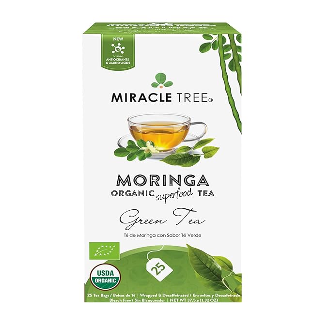 Miracle Tree - Organic Moringa Superfood Tea, 25 Individually Sealed Tea Bags, Green Tea (Keto, Detox, Energy & Immunity Booster, Vegan, Gluten-Free, Organic, Non-GMO, Decaffeinated)