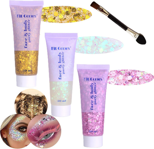 Body Glitter Face Glitter Gel: Singer Concerts Disco Festival Rave Accessories Face Glitter Makeup 150ml Chunky Sequins Mermaid Face Body Hair Glitter Gel (White&Pink&Gold)