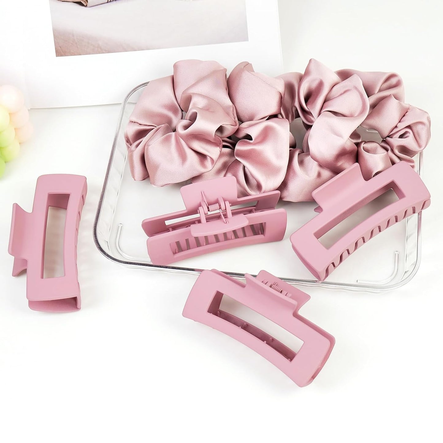 8 Pcs Pink Claw Clips and Hair Scrunchies Set – Square Hair Clips for Women, Medium Non-Slip Matte, Large Satin Scrunchies, Hair Accessories for Thick Thin Hair, Party, Daily Use – Dusty Rose