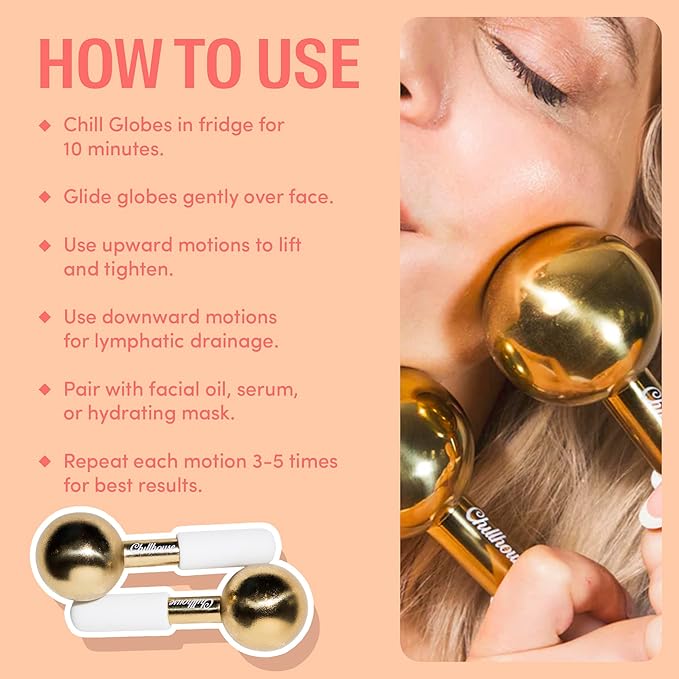 Chillhouse Chill Globes Gold Ice Roller for Face - Premium Skin Care Tools for Wrinkles & Fine Lines, Lifting, Contouring & Depuffing - Facial Ice Roller & Face Massager Tool for Women & Men