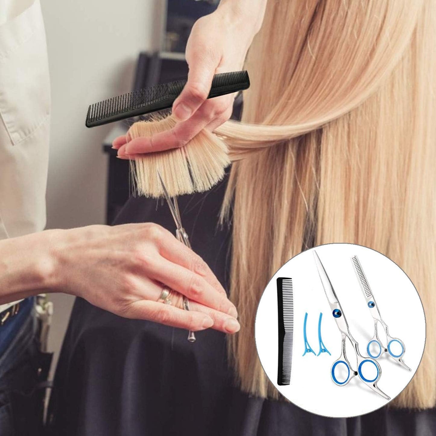 Professional Hair Cutting Scissors Shears Barber Thinning Set Kit- Family Hair Cutting,Barber Hair Cutting Tool Thinning texturizing/Blue 6"