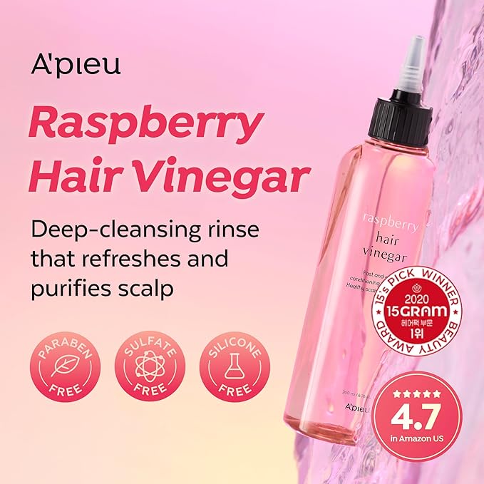 A’PIEU Raspberry Hair Vinegar Rinse & Refill Bundle 6.76 + 13.6 fl oz - Scalp Treatment for pH Balance | Clarifying, Dandruff & Oil Control | Silky, Shiny Hair