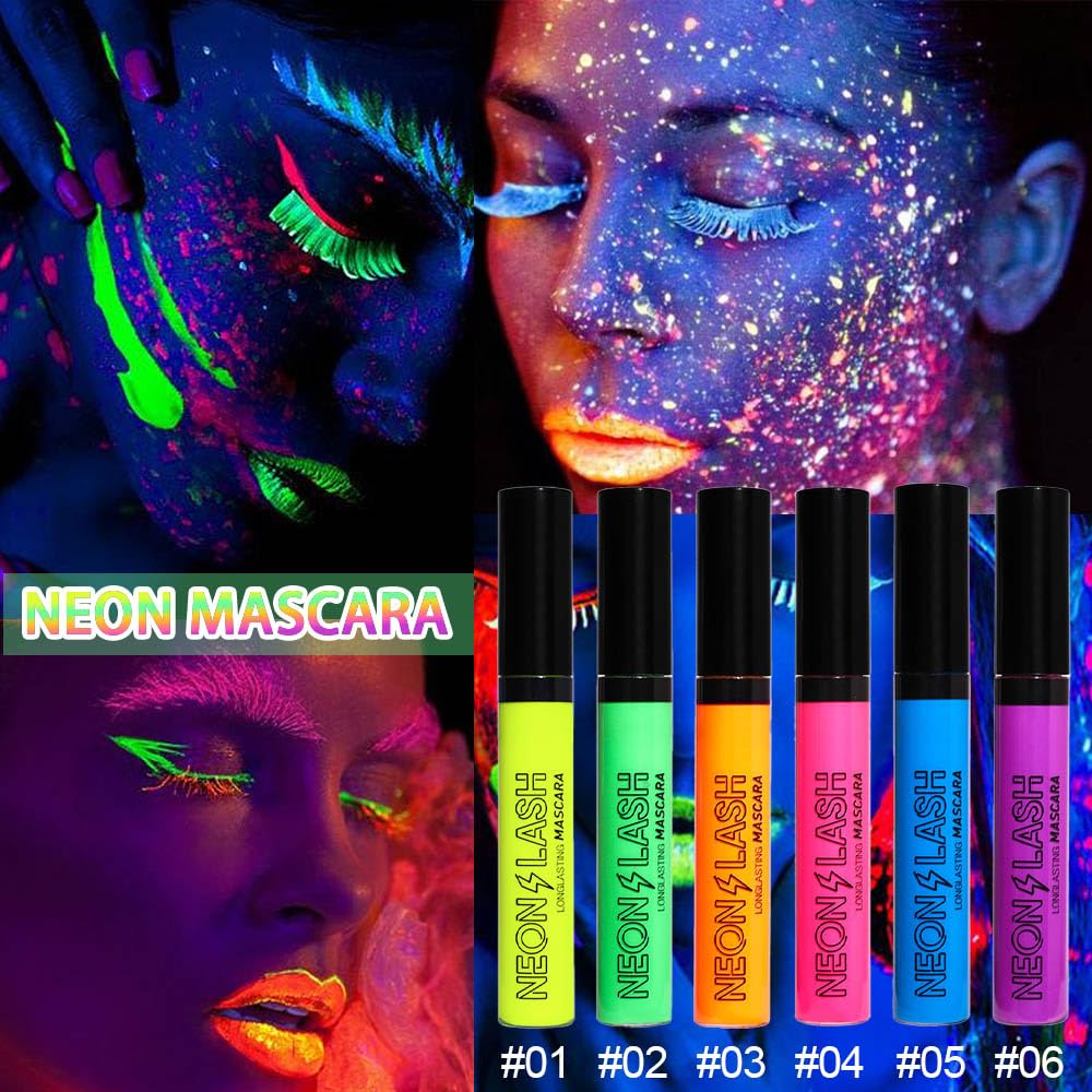 2 Colored Mascara for Eyelashes Set,Blue Green Halloween Fluorescent Colorful Waterproof Long lasting Charming Voluminous Mascara for Women Cruelty Free Vegan Eye Makeup (02# Green &05# Blue)