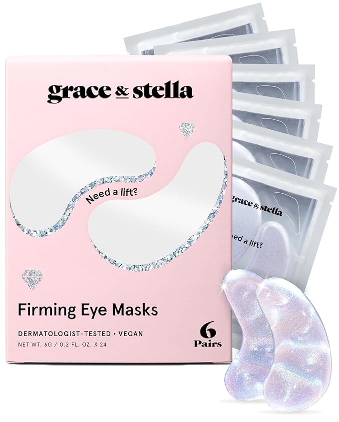 grace & stella Under Eye Patches with Peptides & Rice Extract - Firming Eye Masks for Dark Circles and Puffiness - Under Eye Mask for Firmer-Looking Skin - Vegan, Cruelty-Free (White, 6 Pairs)