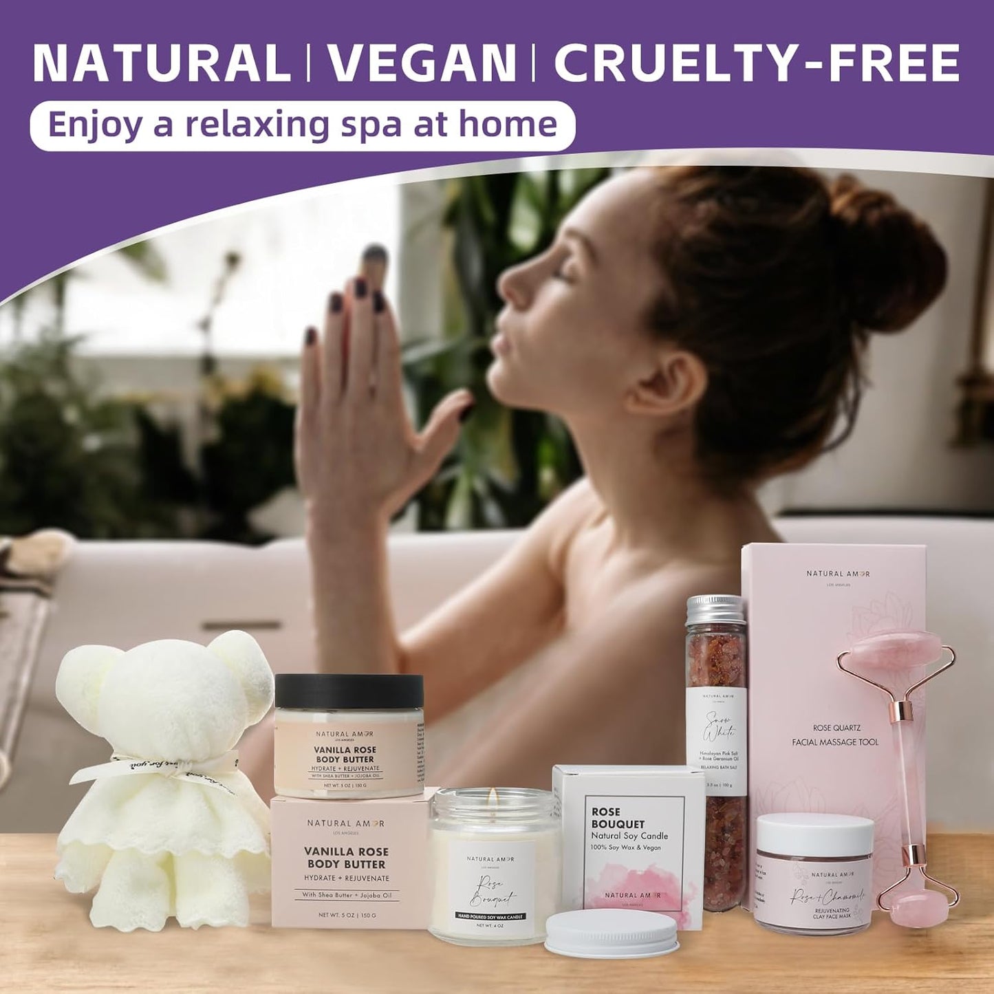 Natural Amor Rose Spa Gift Set – 6 pcs Handmade Self-Care Kit with Body Butter, Bath Salt, Clay Mask, Candle, Jade Roller & Bear Headband – Relaxation Gift for Women