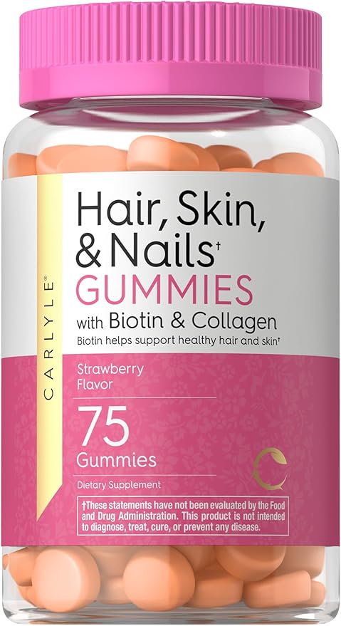 Carlyle Hair Skin and Nails Vitamins | 75 Gummies | with Biotin and Collagen | Gummy Supplement for Women | Strawberry Flavor | Non-GMO, Gluten Free