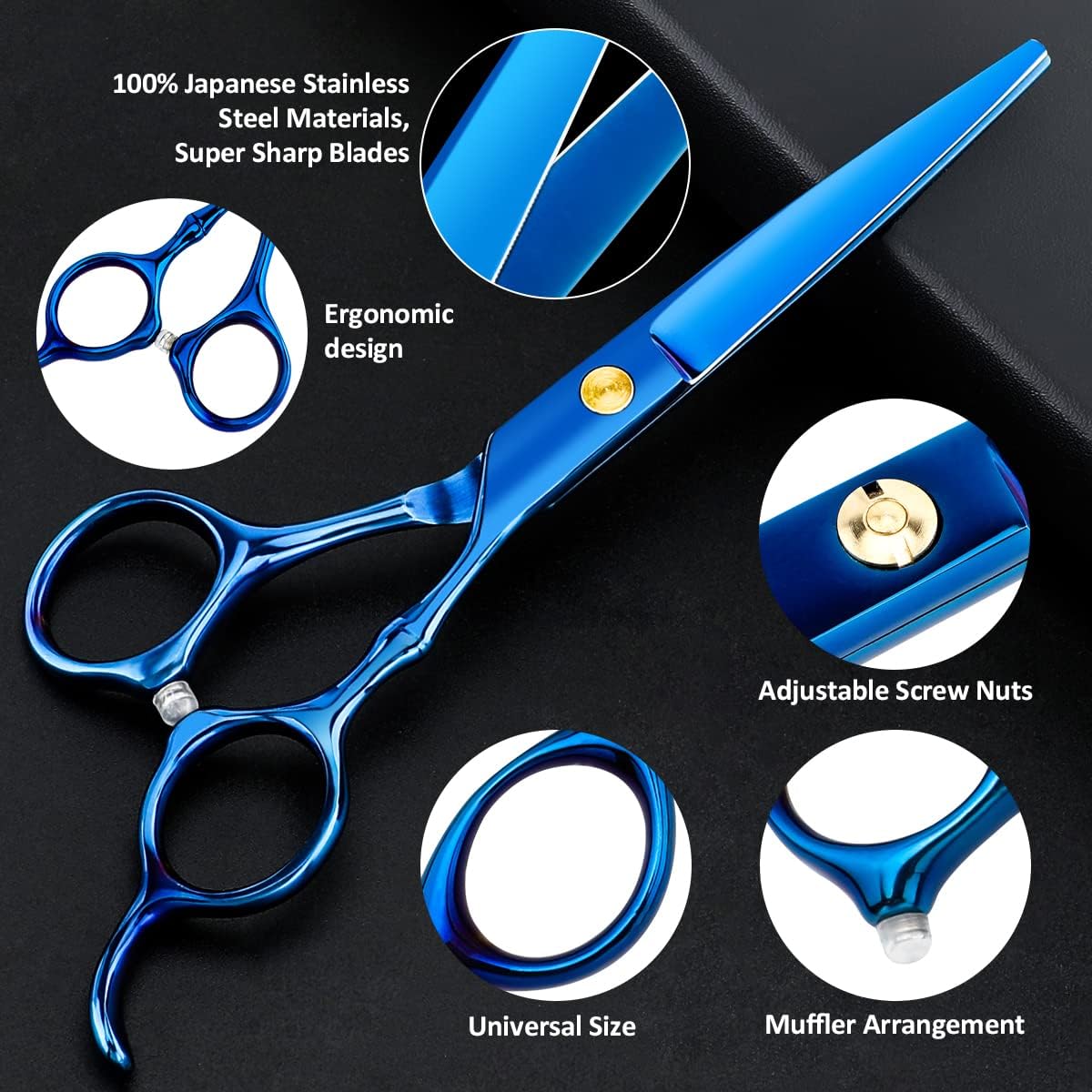 Professional Hair Cutting Scissors Sets Stainless Steel Barber Hairdressing Scissors Multifunctional Salon Thinning Scissors Straight Shears Tools for Men Women Home Use (Blue)