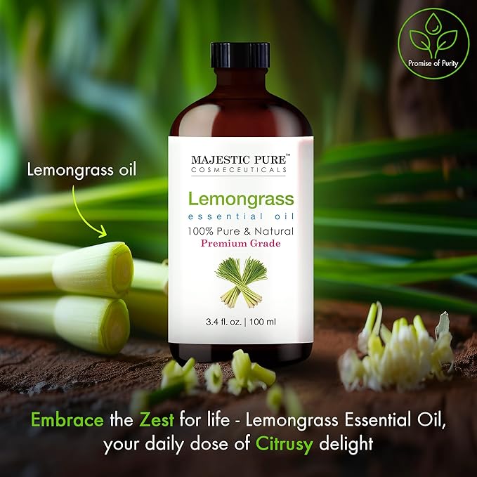 MAJESTIC PURE Lemongrass Essential Oil with Glass Dropper | 100% Pure and Natural Lemongrass Oil | Premium Grade Essential Oils for Diffusers, Skin, Aromatherapy, Massage | 3.4 Fl Oz
