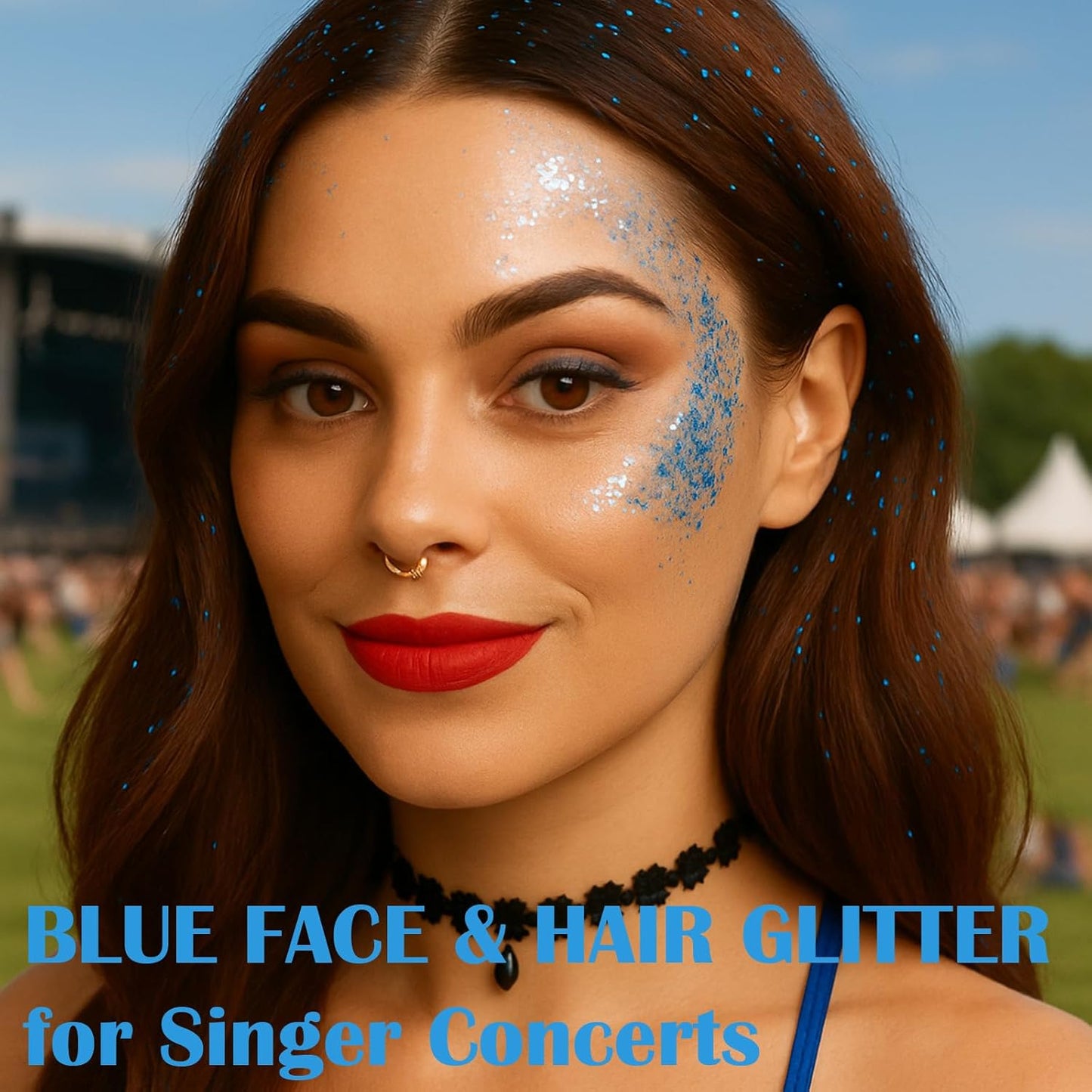 Blue Hair Glitter Stick,Rave Accessories Carnival Chunky Sequins Face Glitter,Singer Concert Body Glitter for Kids Women, Waterproof Glitter Makeup Paint for Parties,Festival