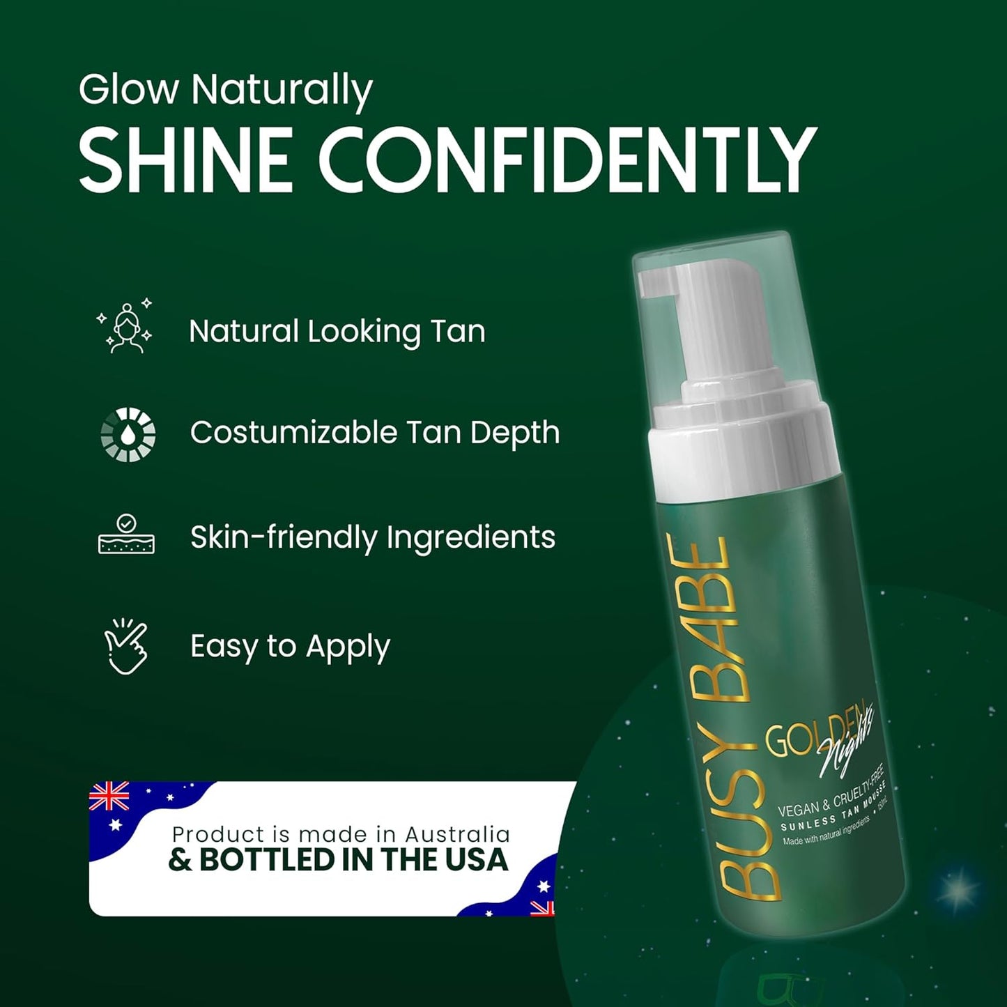 Self Tanner - Golden Nights Express Rapid Dark Tanning Mousse - Deeper Sun-Kissed Glow with Mitt - Vegan, Cruelty-Free, Instant Tan, Self Tanning Mousse Pump - 7.2 oz, No Orange Hues