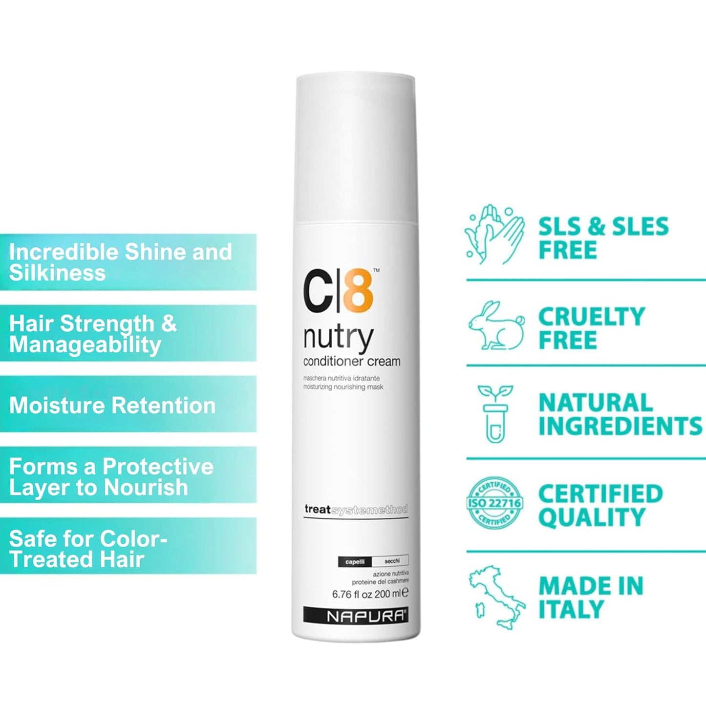 NAPURA C8 Moisturizing Conditioner Cream (6.76 fl oz) for Dry, Damaged Hair - Cashmere Proteins, Jojoba & Avocado Oils - Hydrates, Nourishes & Adds Shine