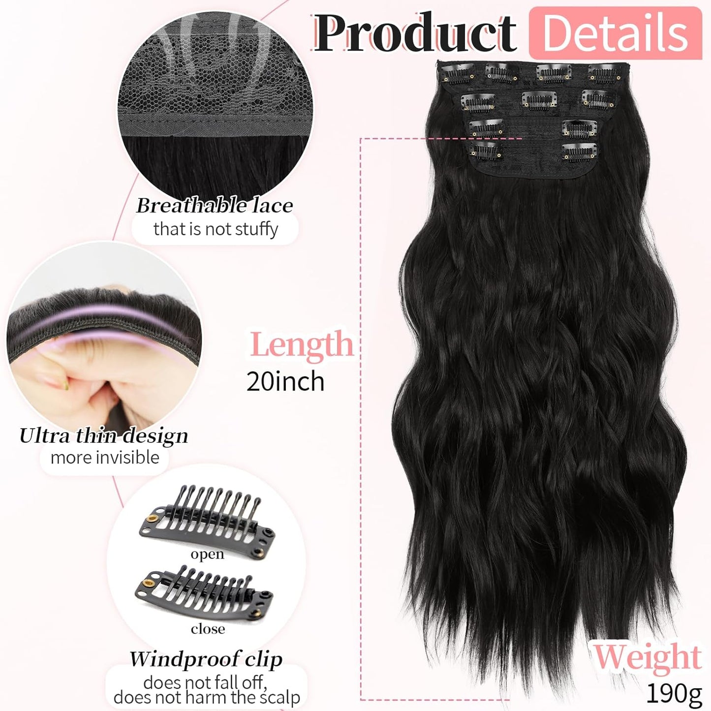KooKaStyle Clip in Synthetic Hair Extensions Long Wavy 4PCS Thick Hairpieces Brunette Brown Fiber Double Weft Natural Hair Extensions 20 Inch for Women