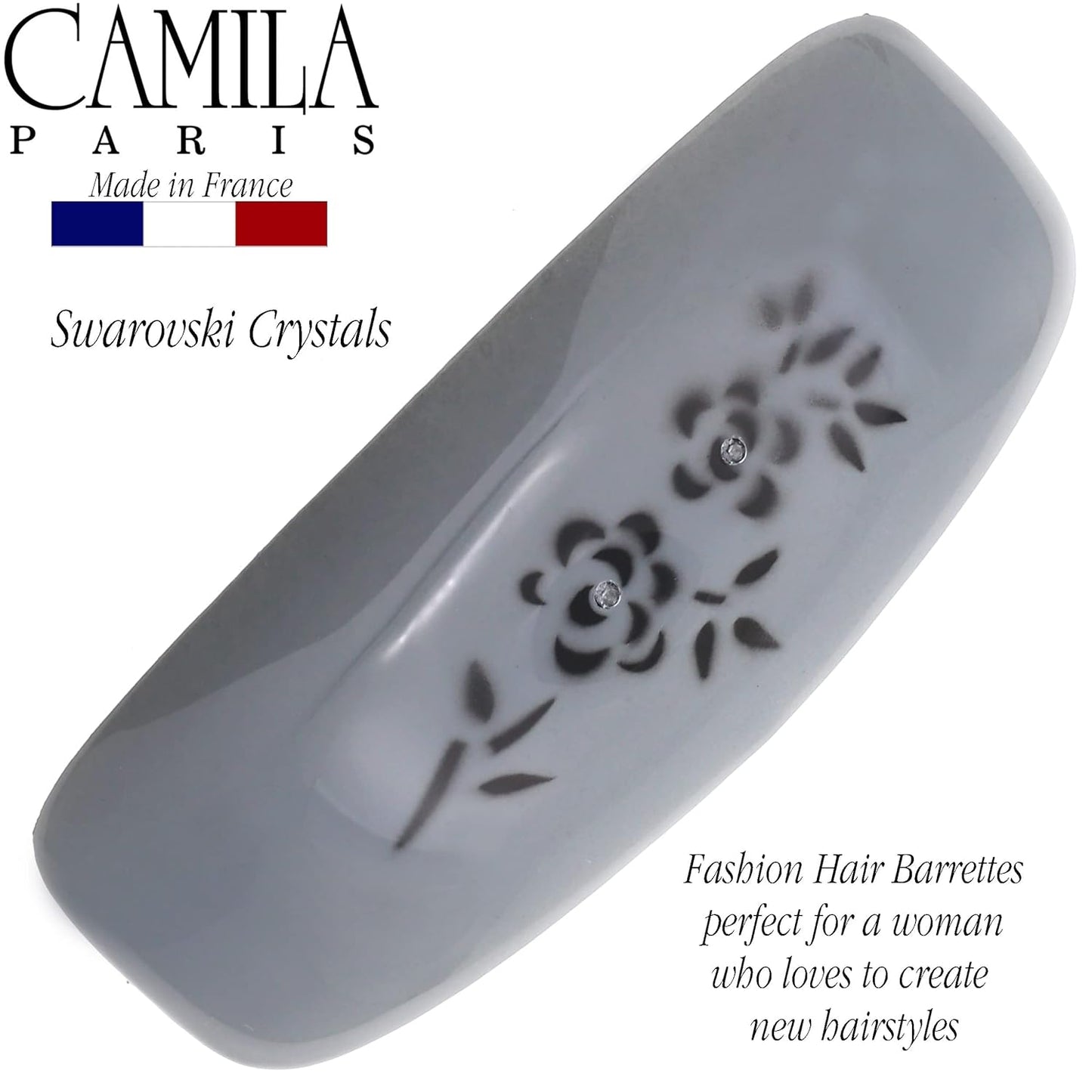 Camila Paris CP3439 French Hair Barrette Clip for Girls, Rubberized Automatic Clasp Strong Hold Grip Hair Clips for Women, No Slip and Durable Styling Girls Hair Accessories, Made in France (Gray)