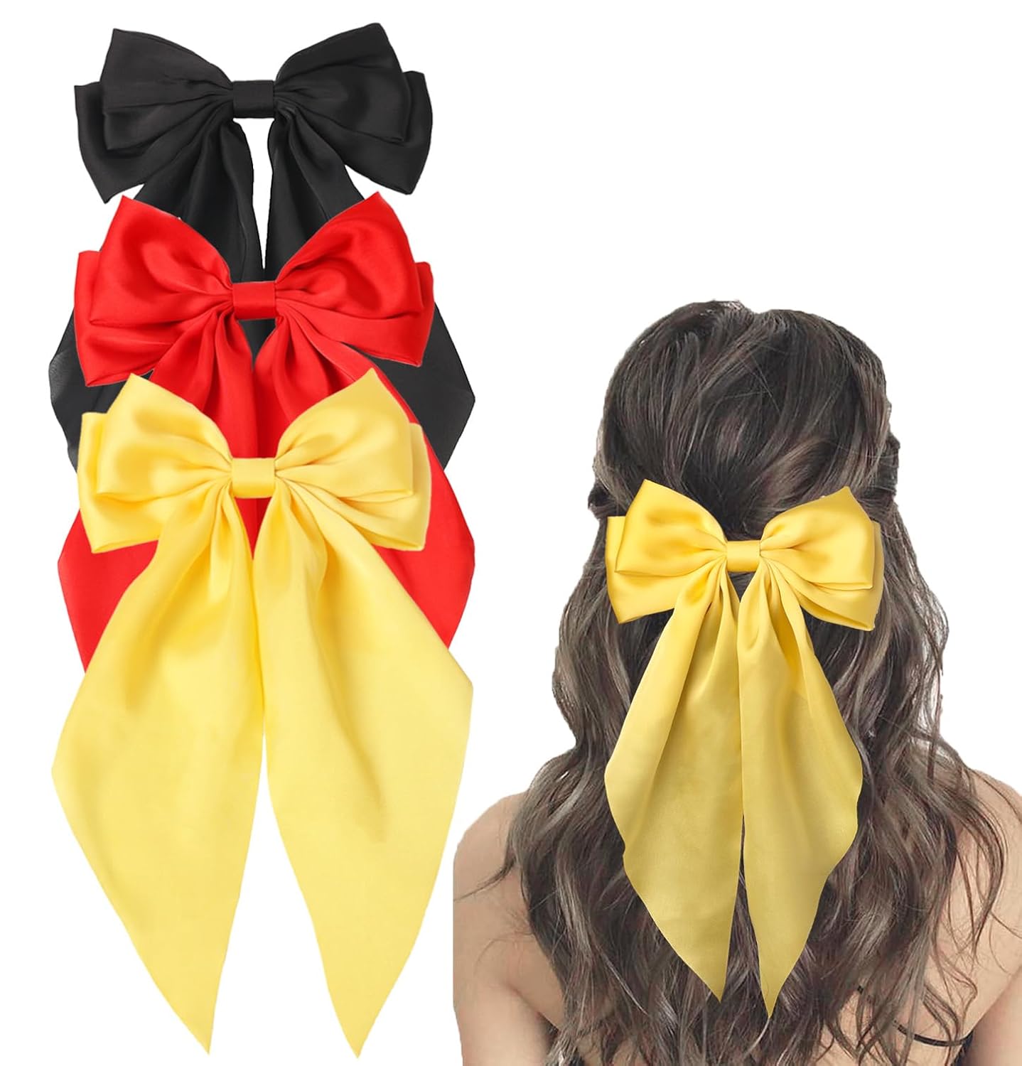 Furling Pompoms Hair Bow Clips, 3pcs Big Bows for Girls with Metal Clip Long Tail, Hair Barrettes Ribbon Women Hair Accessories in Black, Red, Yellow