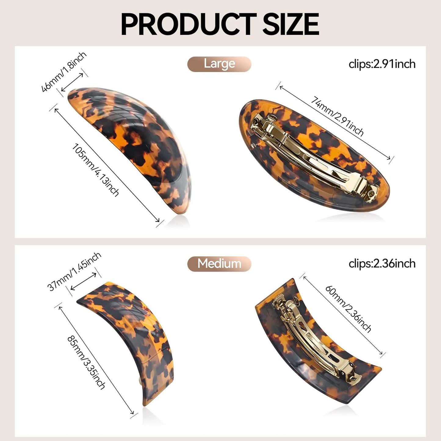 French Oval Barrette Hair Clips,Acetate Large Vintage Tortoise Shell Barrettes,Strong Hold No-Slip Grip Metal Clasp,2-Pack 4"&3" Hair Accessories for Thick Wavy Long Hair Women Gift (Tortoise)