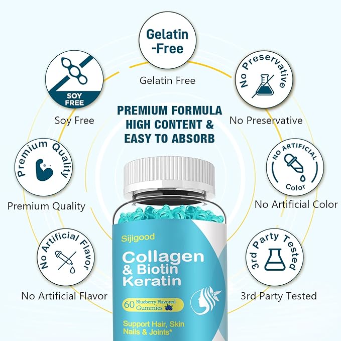 Biotin Gummies with Collagen, Keratin, Hyaluronic Acid, Vitamin for Skin, Hair Growth, Nails, Women Men Adults Kids - 60 Blueberry Flavored Gummies