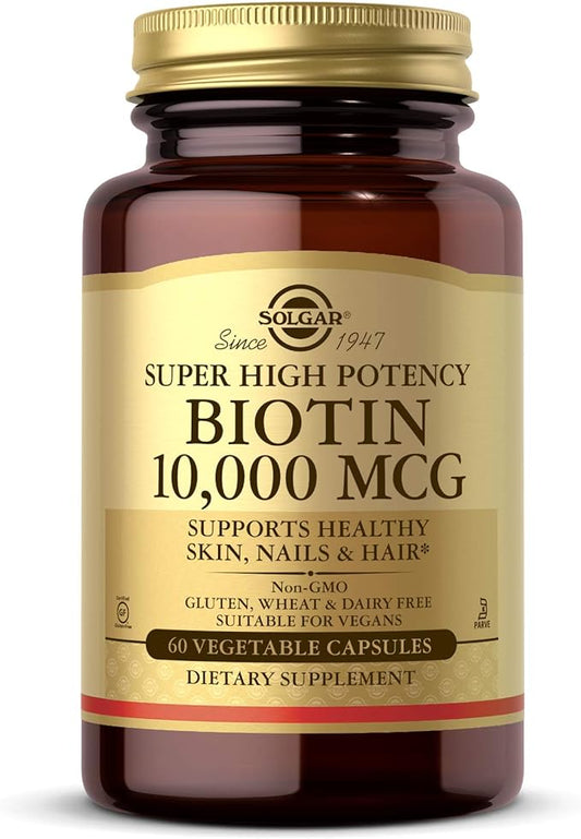 Solgar Biotin 10,000 mcg, 60 Vegetable Capsules - Energy, Metabolism, Promotes Healthy Skin, Nails & Hair - Super High Potency - Non-GMO, Vegan, Gluten Free, Dairy Free, Kosher - 60 Servings