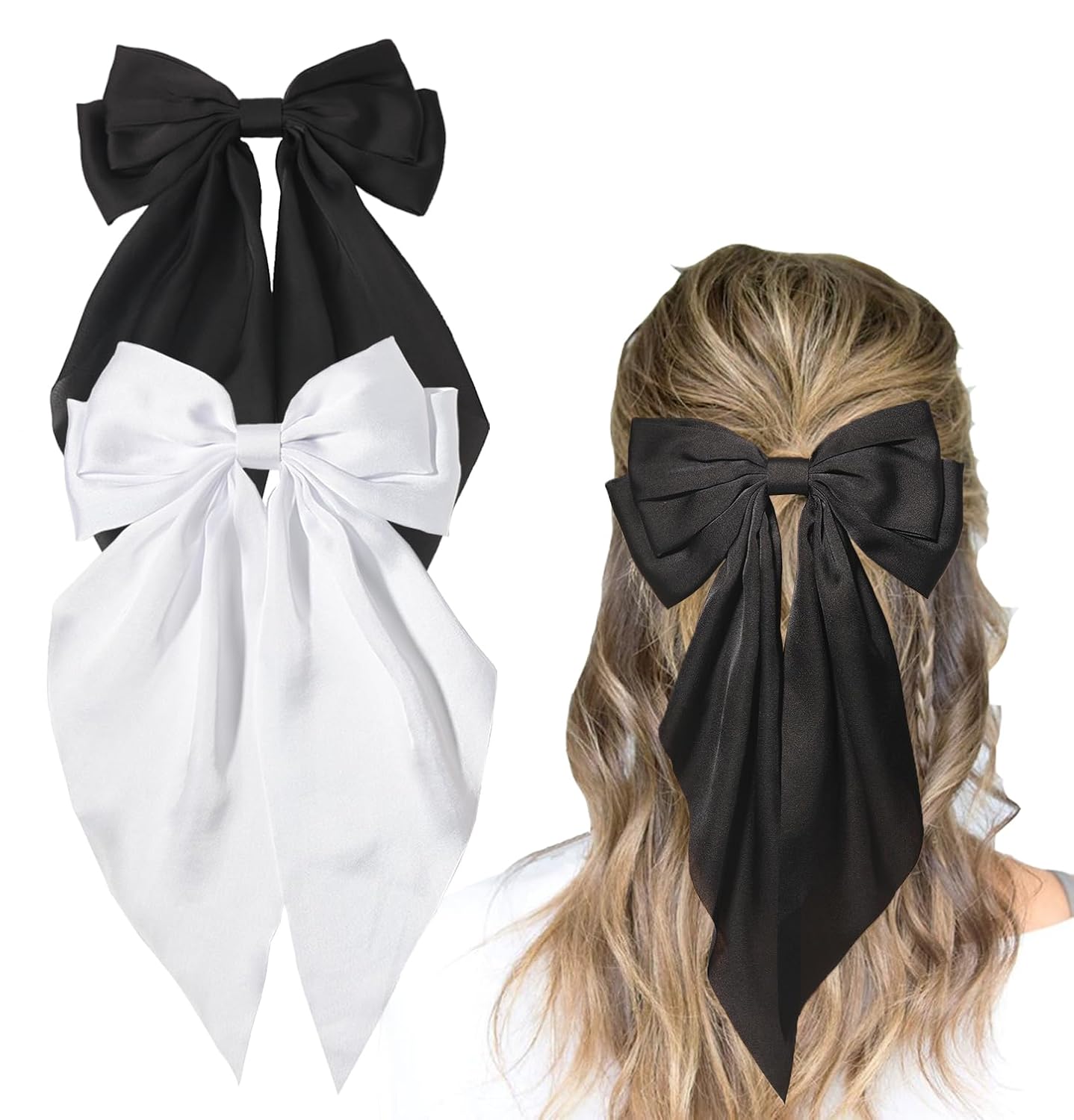 Furling Pompoms Hair Bow Clips Black White Big Satin Barrette Alligator Clips Long Tail Hair Accessories for Women Girls Teens,Pack of 2