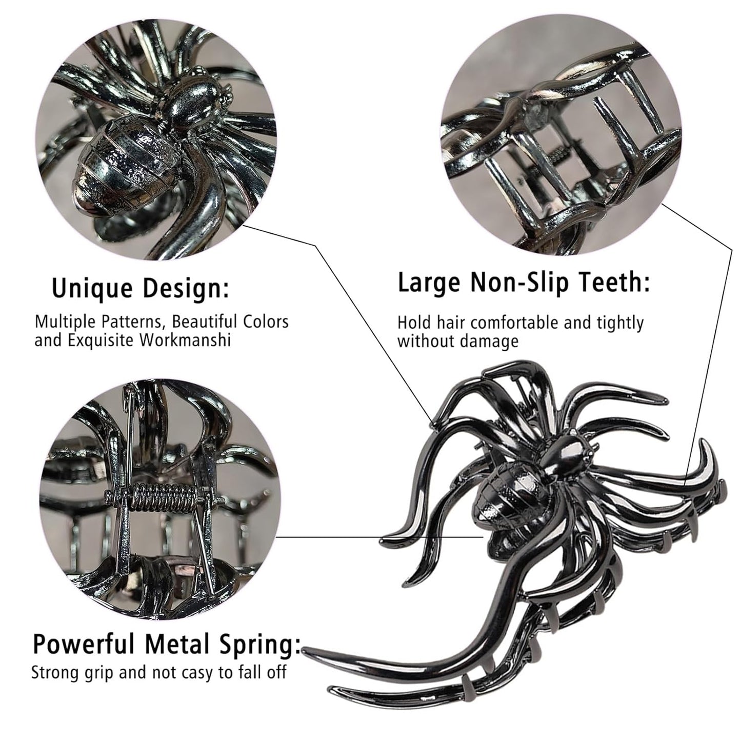 Halloween Spider Hair Claw Clips - Metal Black Alloy Nonslip Terror Strong Hold Gothic Catch Clips for Women's Thick or Thin Hairs - Spider Style 2