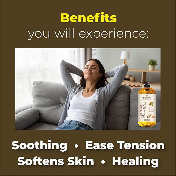 First Botany, Arnica Sore Muscle Massage Oil for Massage Therapy Natural Therapy Oil with Lavender, Mint, Chamomile Essential Oils, Collagen & Stem Cells, Therapeutic Oils for Body Massage Lotion 8oz